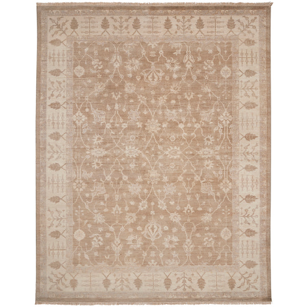 An elegant, traditional-style rectangular rug with ornate symmetrical designs.