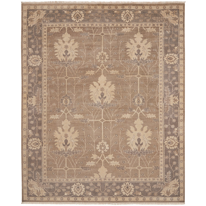 An elegant traditional area rug with symmetrical floral motifs.
