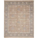 An intricately designed rectangular rug with muted colors and fringe.
