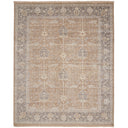 An intricately designed rectangular rug with muted colors and fringe.