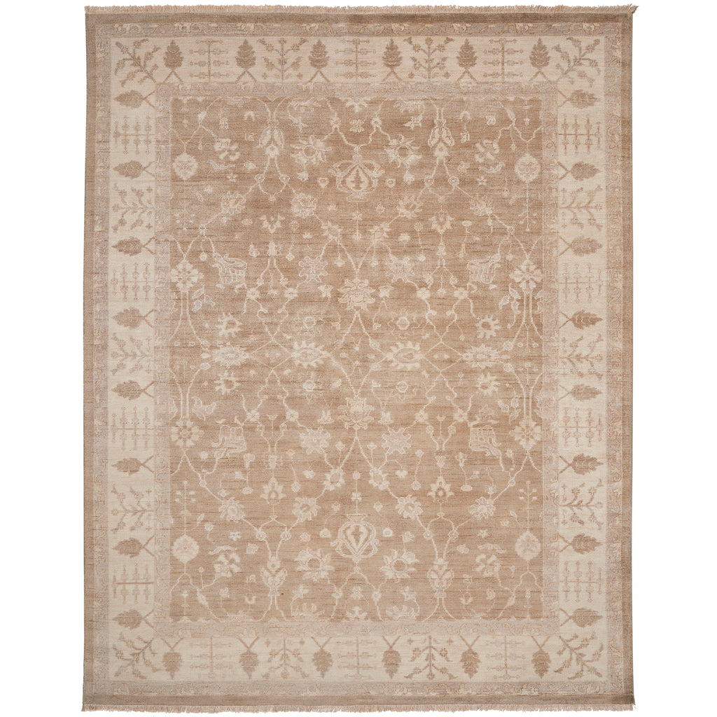 Symmetric patterned rug with muted beige tones and floral motifs.