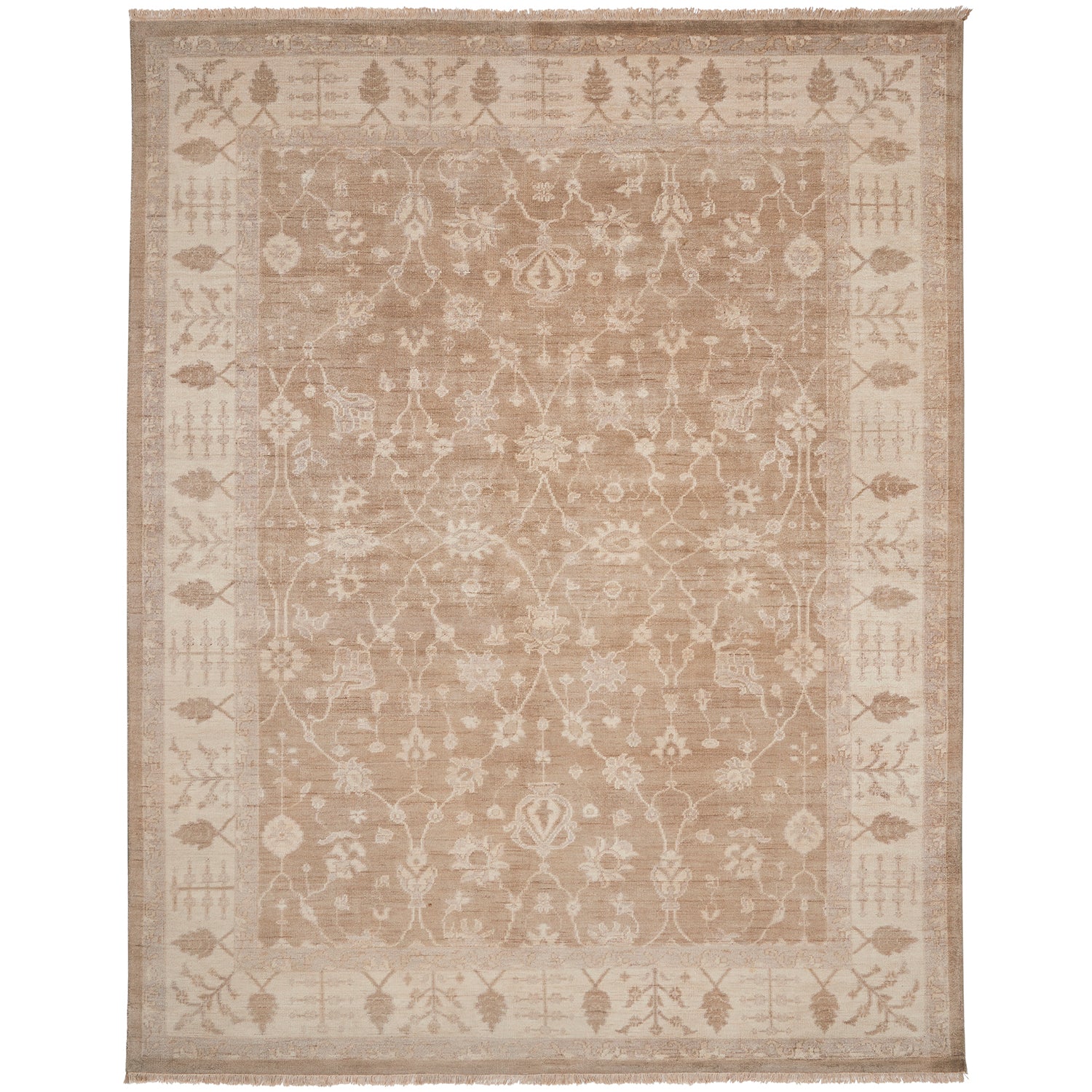Symmetric patterned rug with muted beige tones and floral motifs.