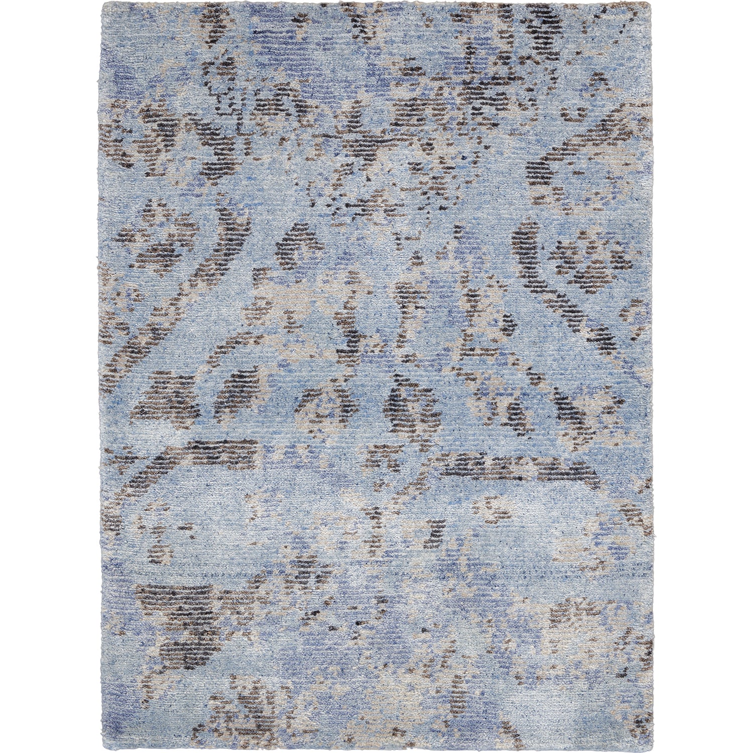 Abstract, distressed rectangular area rug in soft blue with vintage design