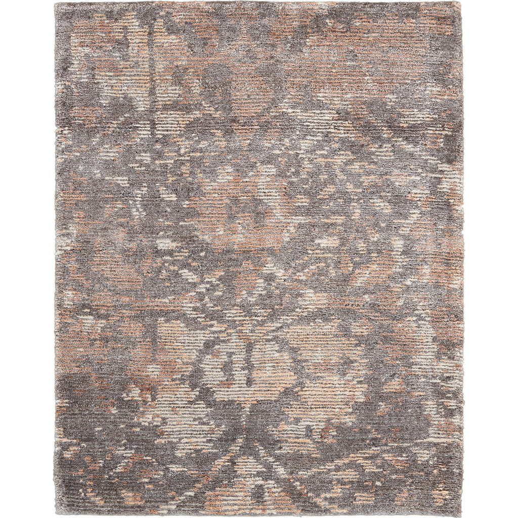 Rectangular area rug with distressed, faded pattern and neutral palette.