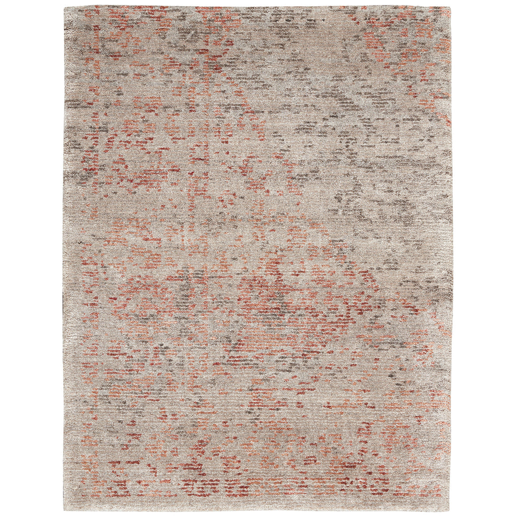Rectangular distressed rug with a vintage textured look and muted colors.