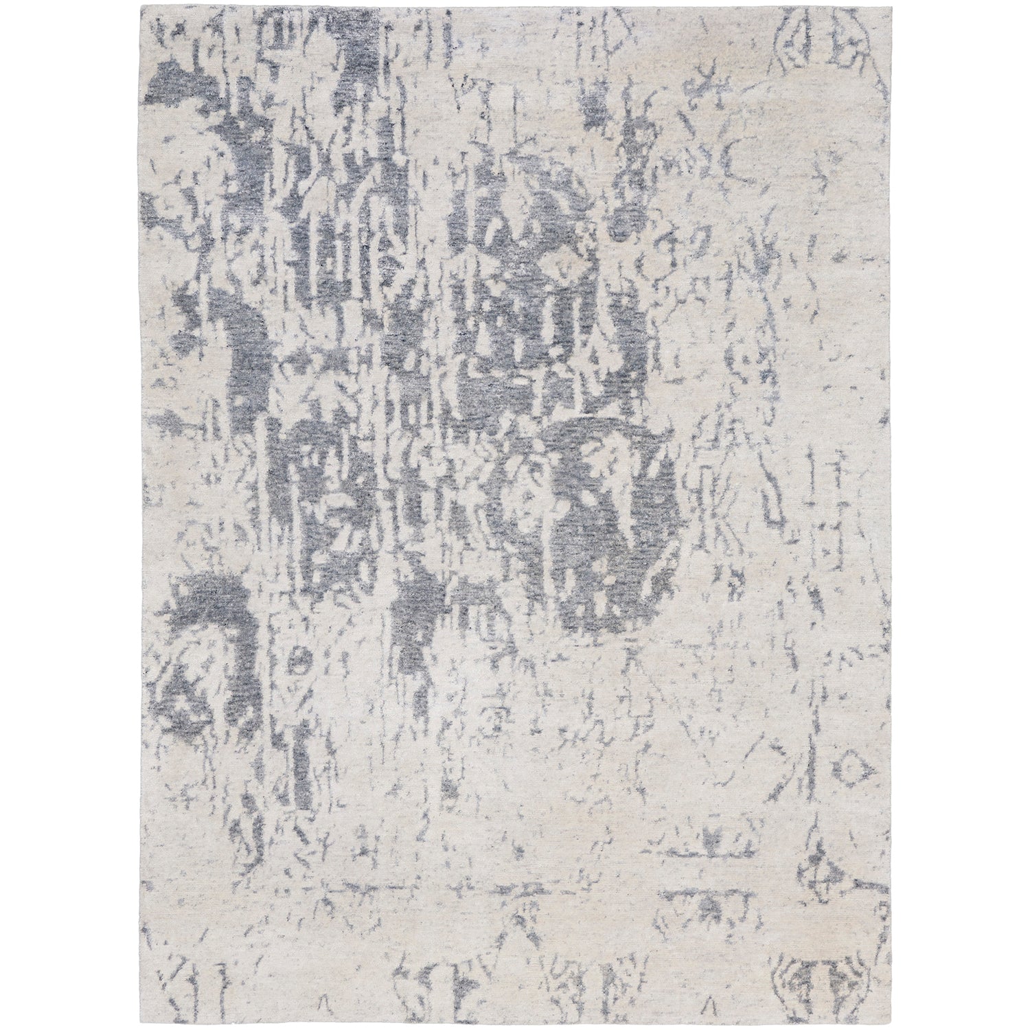 Vintage-inspired gray and off-white abstract rug with artistic design.