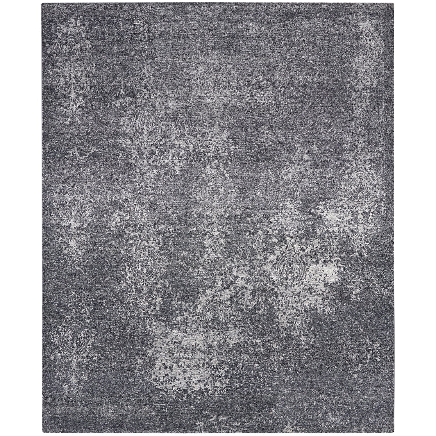 Rectangular grey area rug with distressed floral pattern for vintage charm.