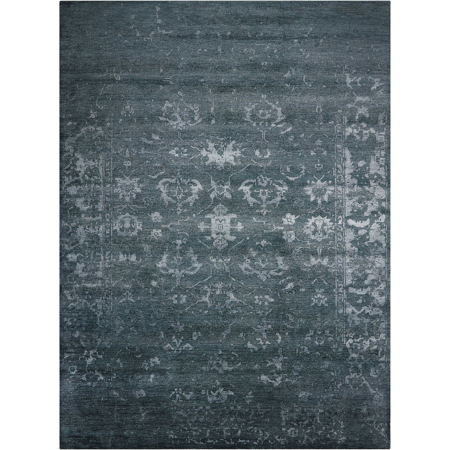 Vintage distressed area rug with gray faded floral patterns