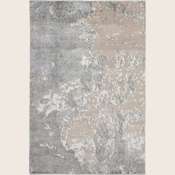 Sophisticated rectangular rug with abstract marbled design in muted colors