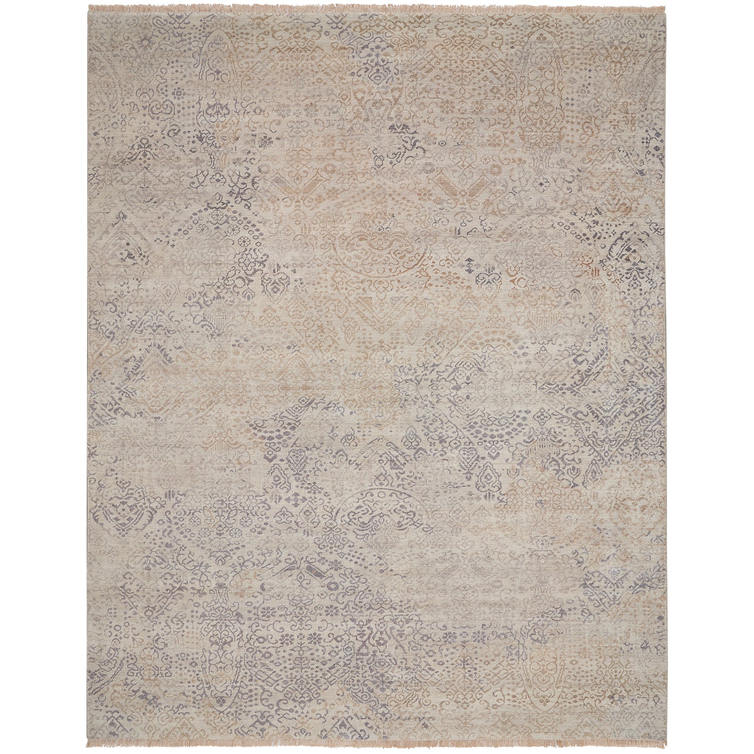 Vintage-inspired rectangular rug with intricate patterns and muted color palette.