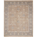 Fringed rectangular area rug with traditional, muted floral design