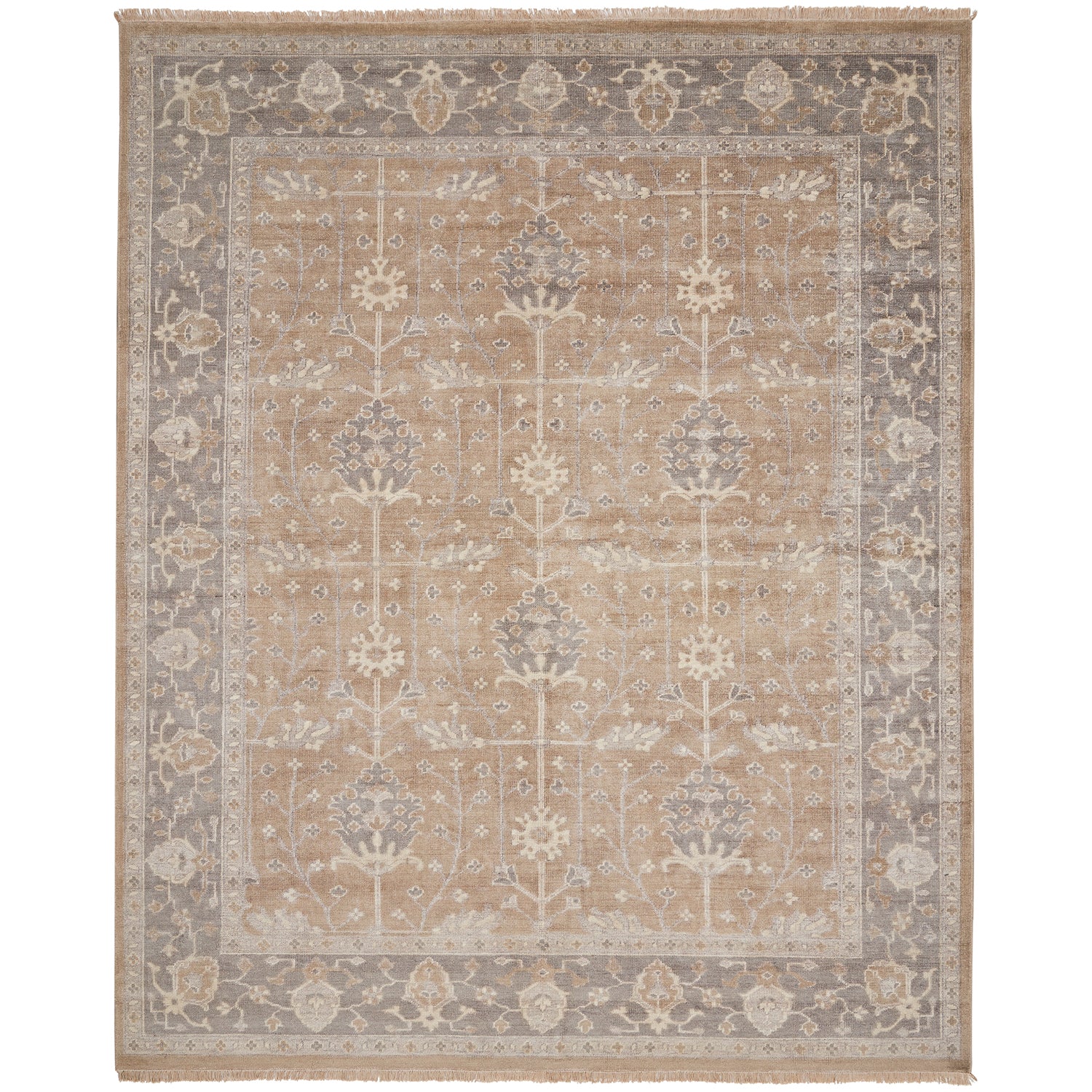 Fringed rectangular area rug with traditional, muted floral design