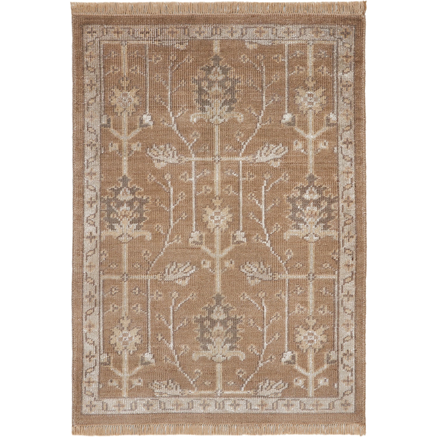 Symmetrical floral motifs dominate this Persian-inspired rectangular rug design.