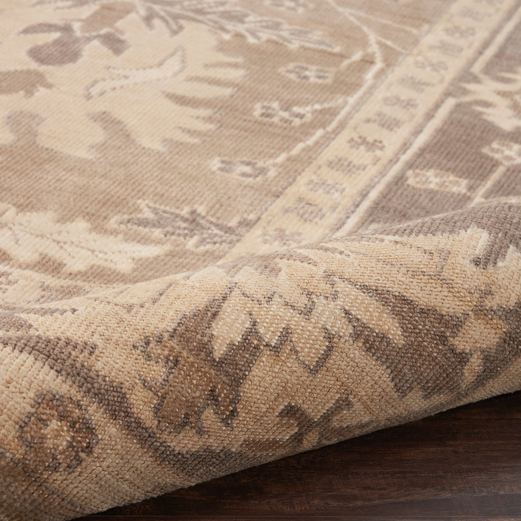 Close-up of a traditional, plush area rug with intricate design.