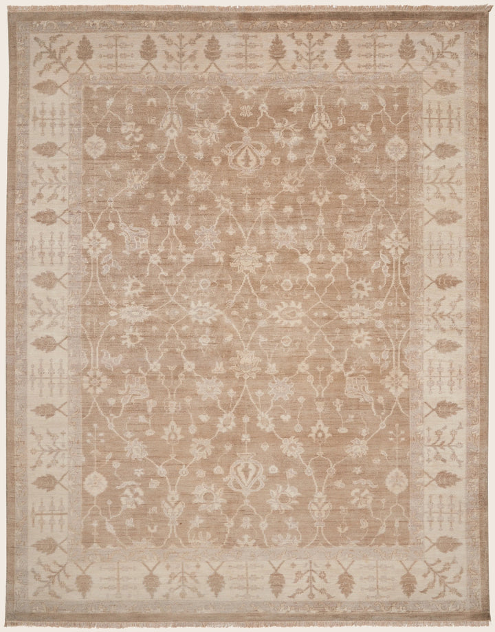 Intricate designs on a vintage beige carpet with ornamental motifs