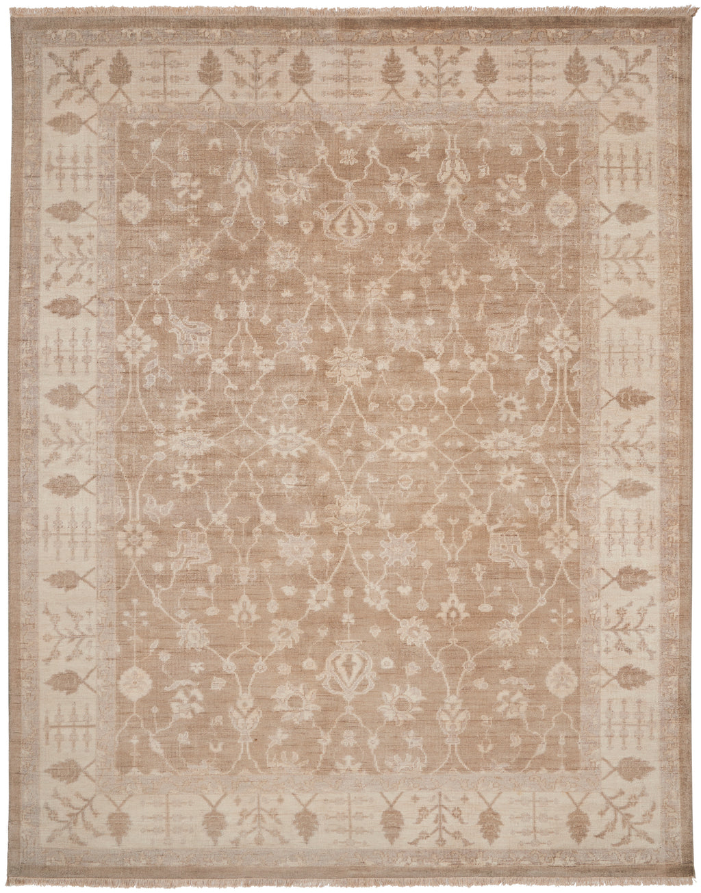 Intricate designs on a vintage beige carpet with ornamental motifs