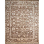 Exquisite handmade rug with complex geometric and floral motifs on muted beige and brown palette.