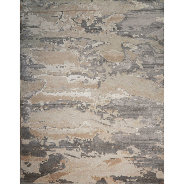 Modern-style rug with abstract design in beige, gray, and taupe.
