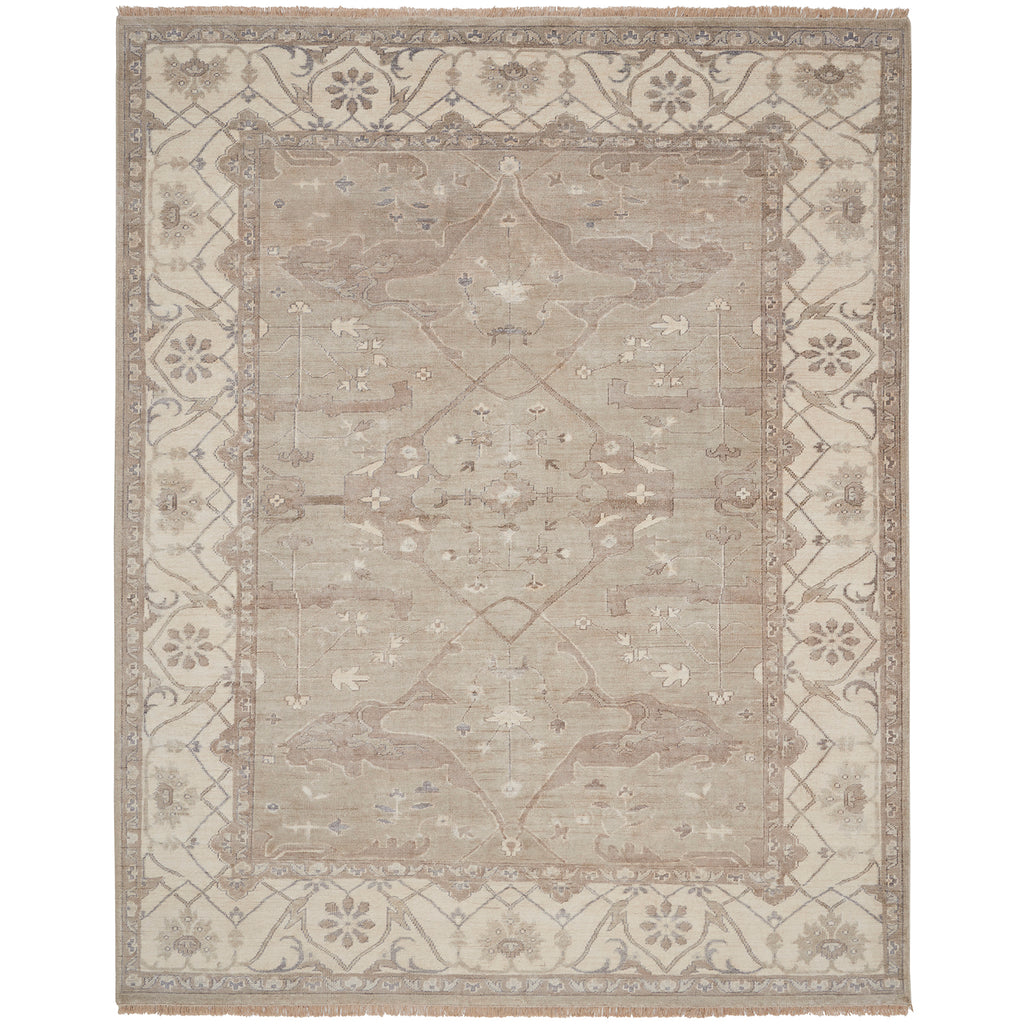 Ornate handwoven rug featuring intricate patterns and traditional influences.