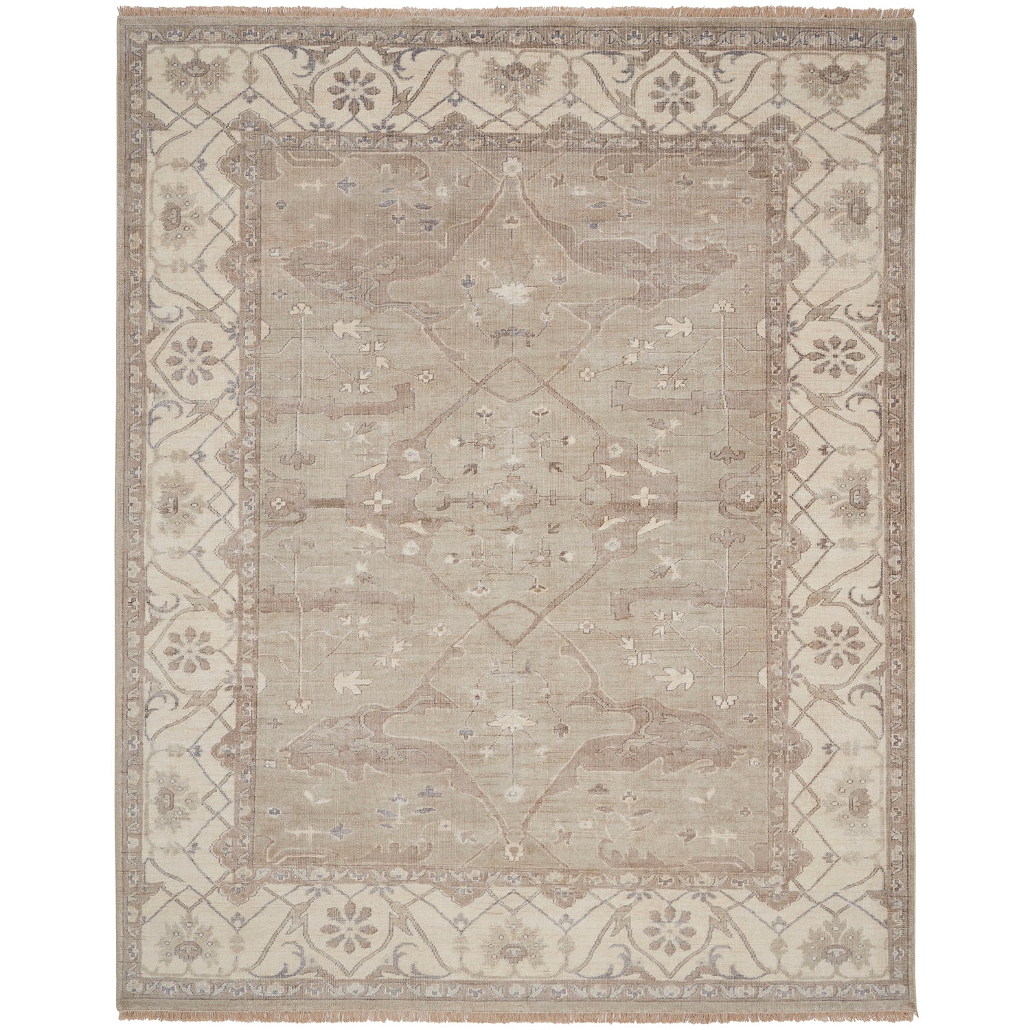 Ornate handwoven rug featuring intricate patterns and traditional influences.