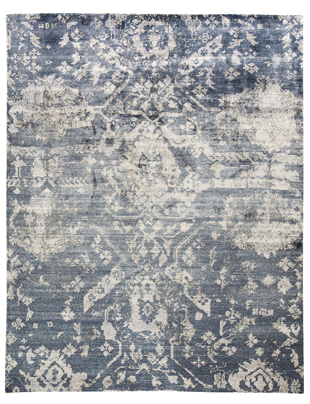 Vintage-style rectangular area rug with traditional Persian motifs in blue and grey.