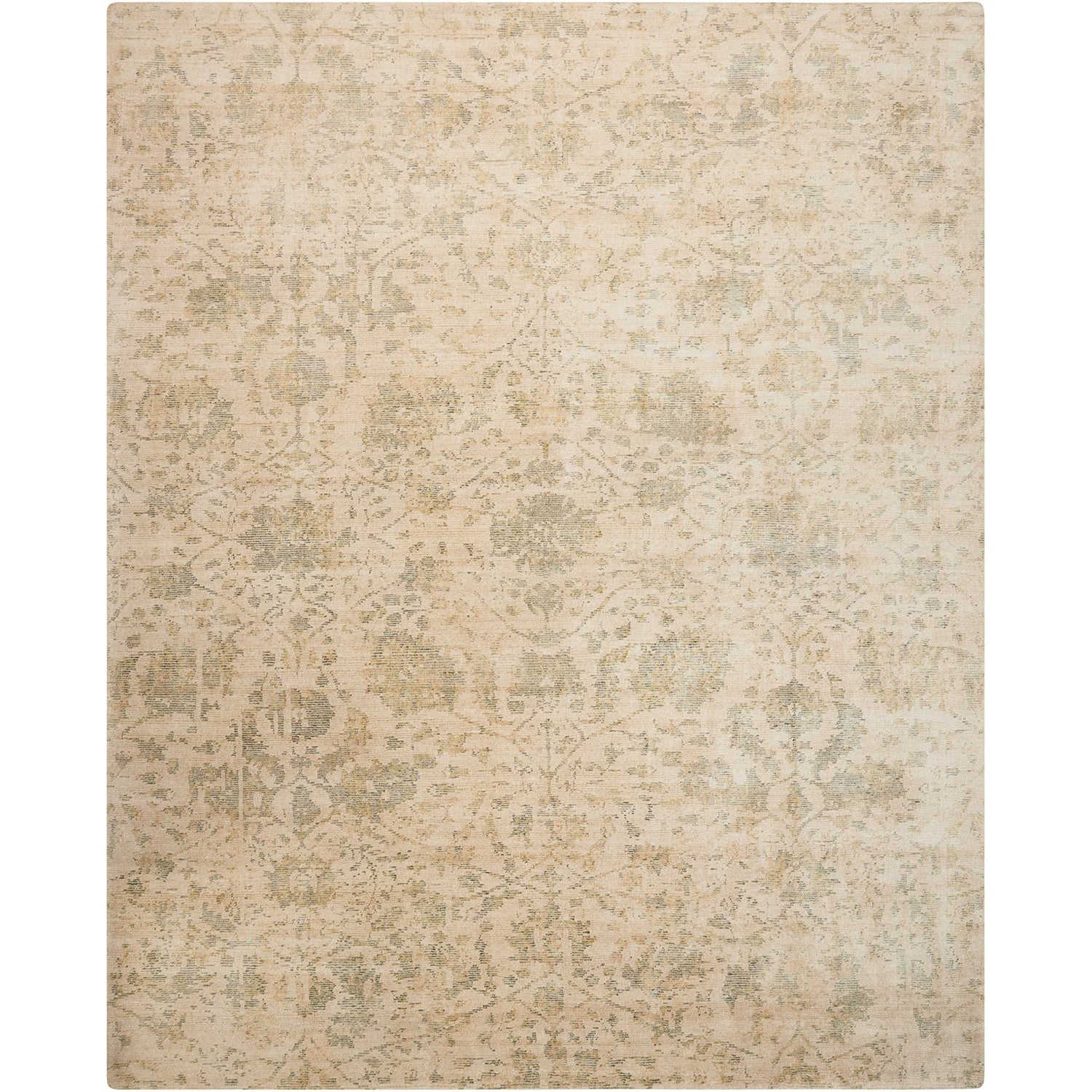 Vintage-inspired rectangular area rug with faded ornate design in beige
