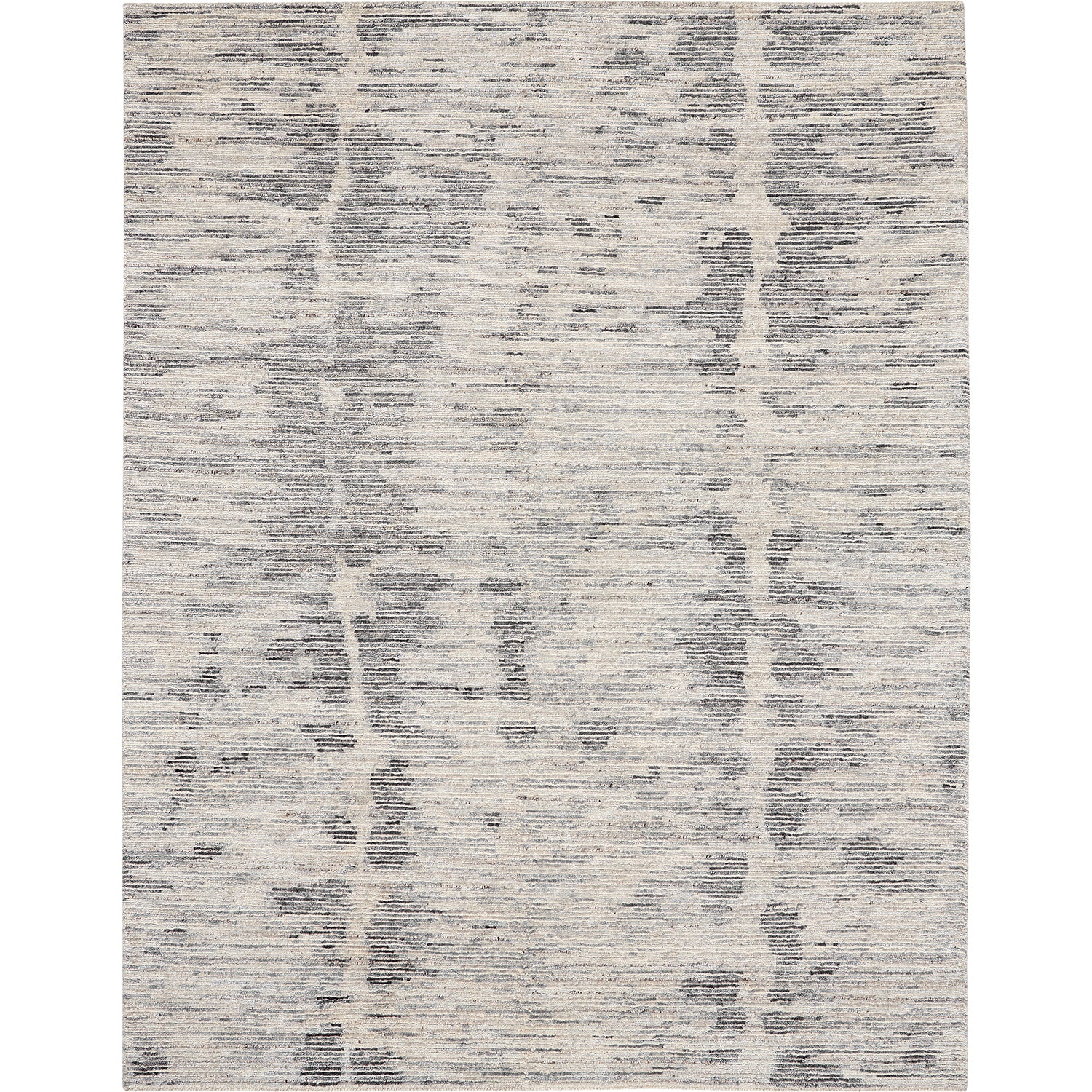 Contemporary rug with abstract design in grey and white tones.