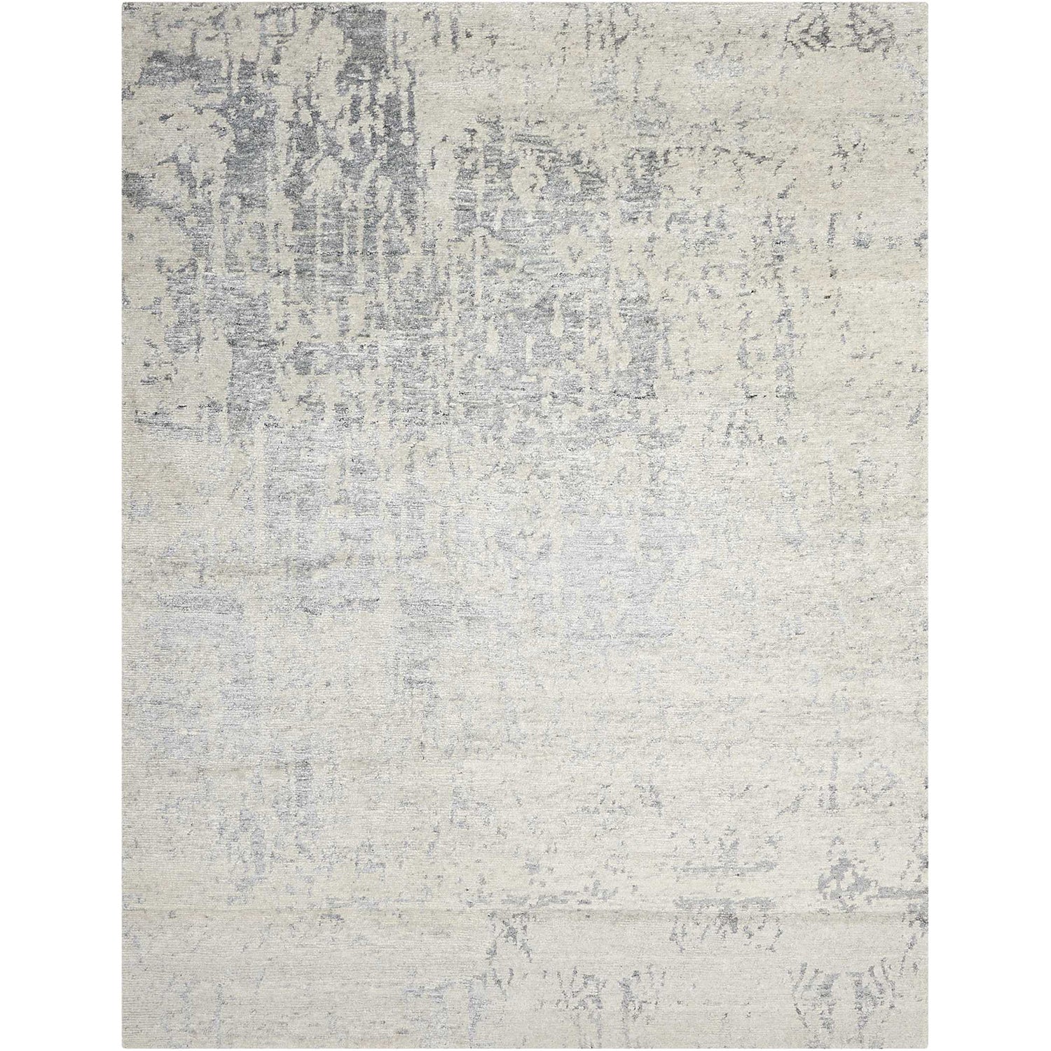 Abstract rug with distressed look and muted color palette.