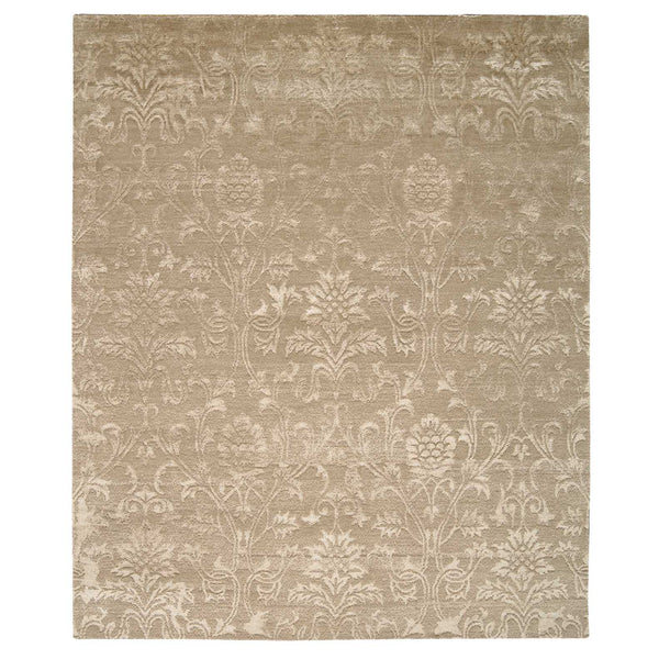 Intricately designed rectangular rug with stylized floral motifs on plush texture.