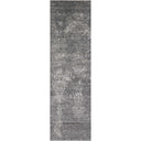 Rectangular area rug with distressed vintage design in grayscale tones.