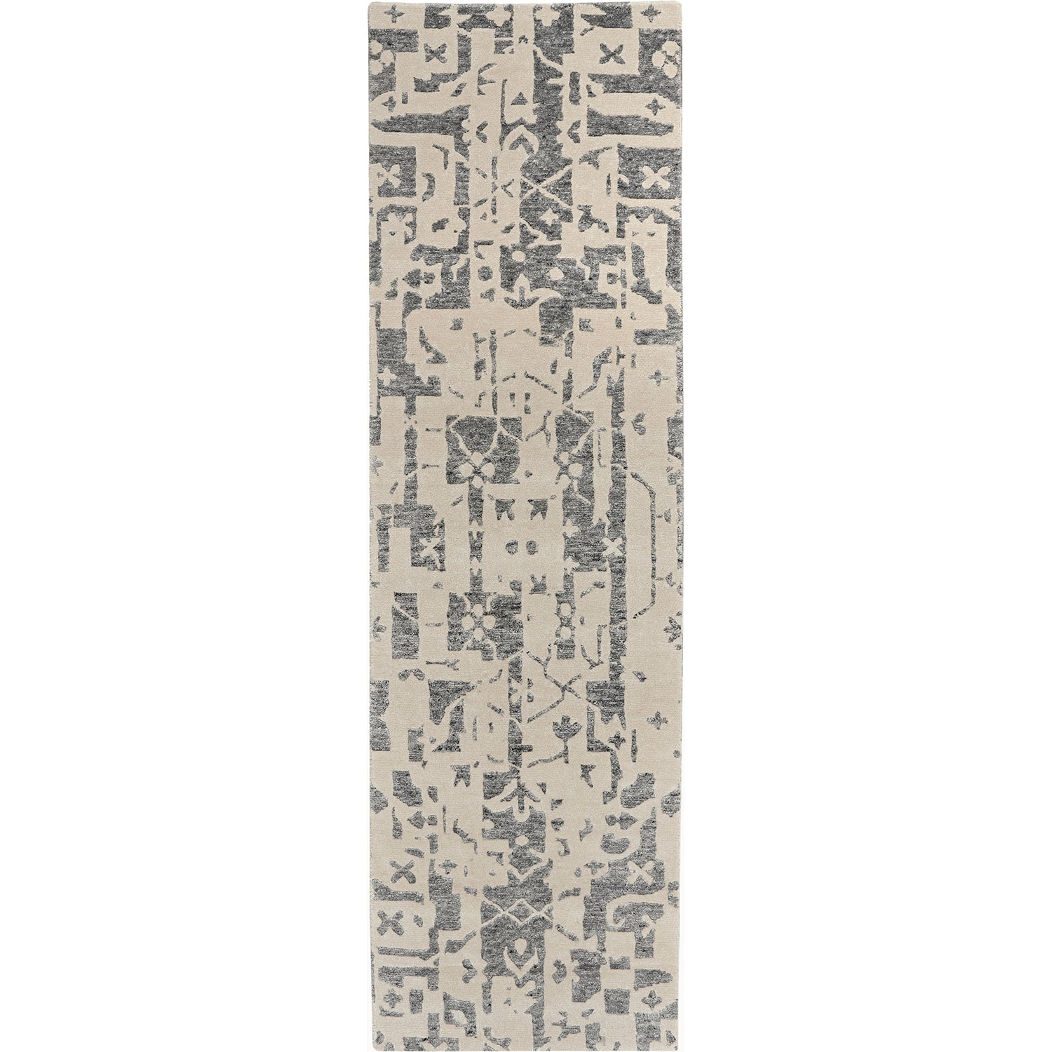 Intricate grey and off-white rug with vintage distressed pattern.
