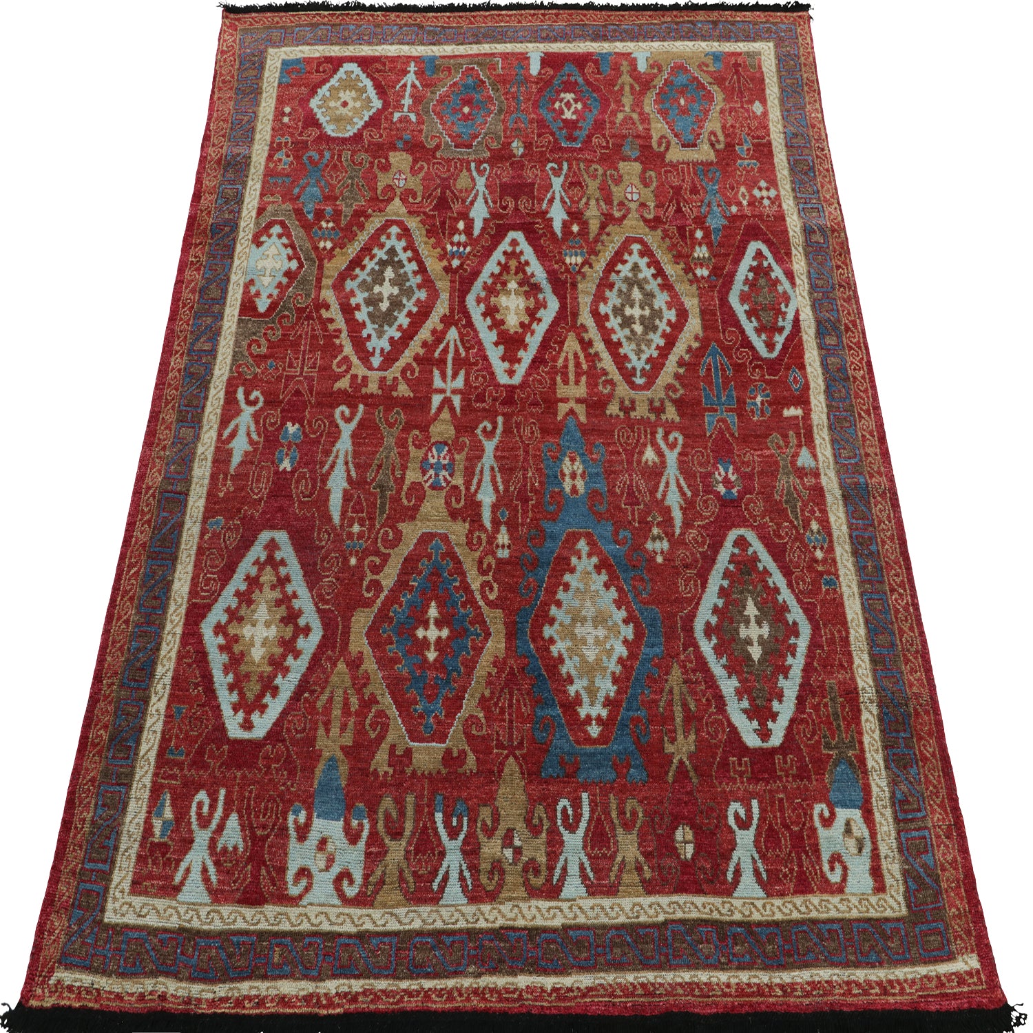 Ornately designed, hand-woven rug of Middle Eastern origin; rich colors.