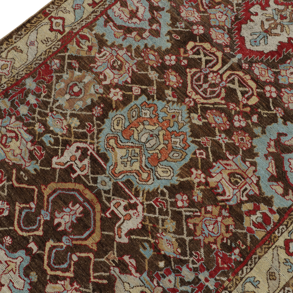 Intricate, symmetrical patterned rug with traditional ethnic design and rich hues.
