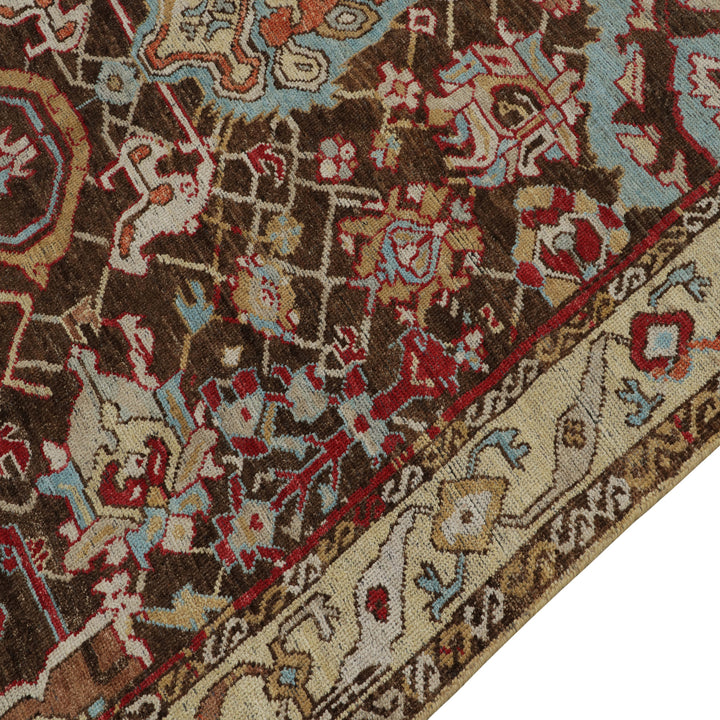 Intricate and colorful section of a high-quality hand-woven rug.