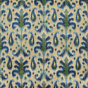 An intricately patterned fabric with symmetrical floral motifs in blue and green on a neutral background.