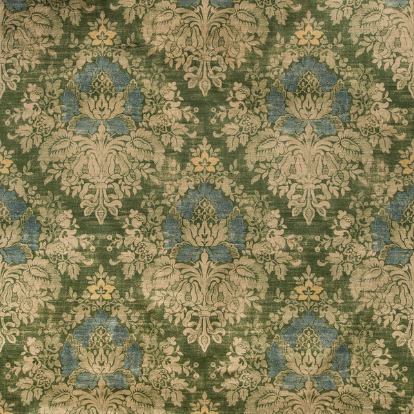Vintage-inspired fabric with intricate floral pattern in blue and beige.