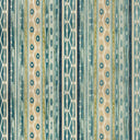 Vibrant fabric with vertical stripes in blue, teal, and tan.