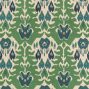 Textile pattern with symmetrical floral design in muted green background.