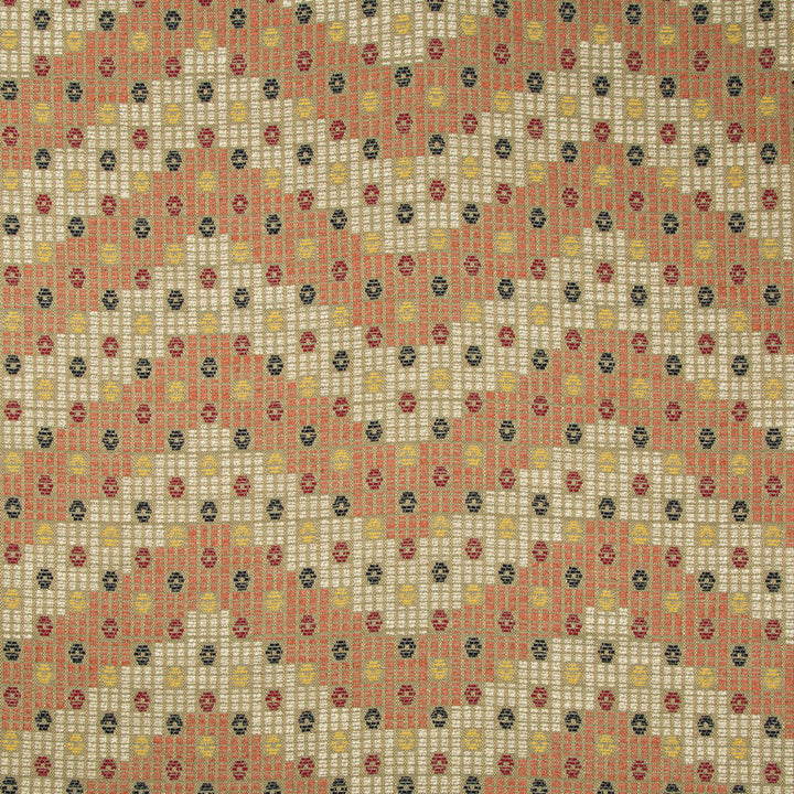 Ornate and decorative fabric with grid-like design in red and gold.