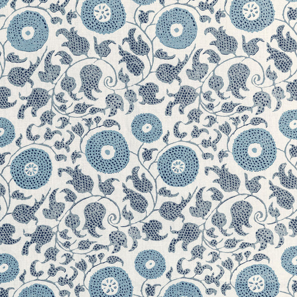 Patterned fabric with blue floral and circular motifs on off-white background.
