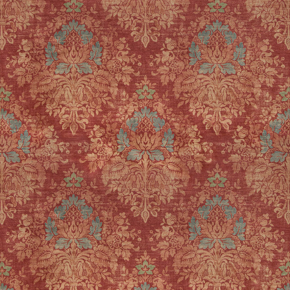 Vintage-inspired fabric or wallpaper with ornate red and blue floral pattern