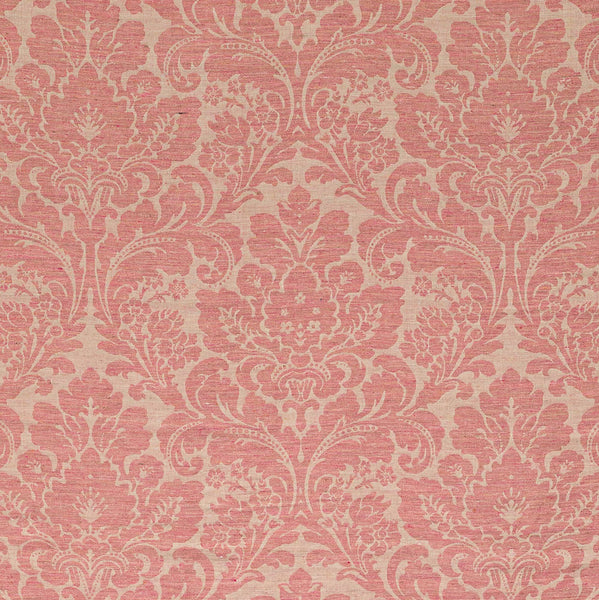 Floral damask fabric with intricate pink motifs on beige background.