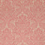 Floral damask fabric with intricate pink motifs on beige background.