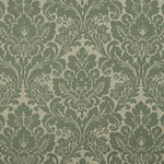 Symmetrical floral damask pattern in linen and rich green.