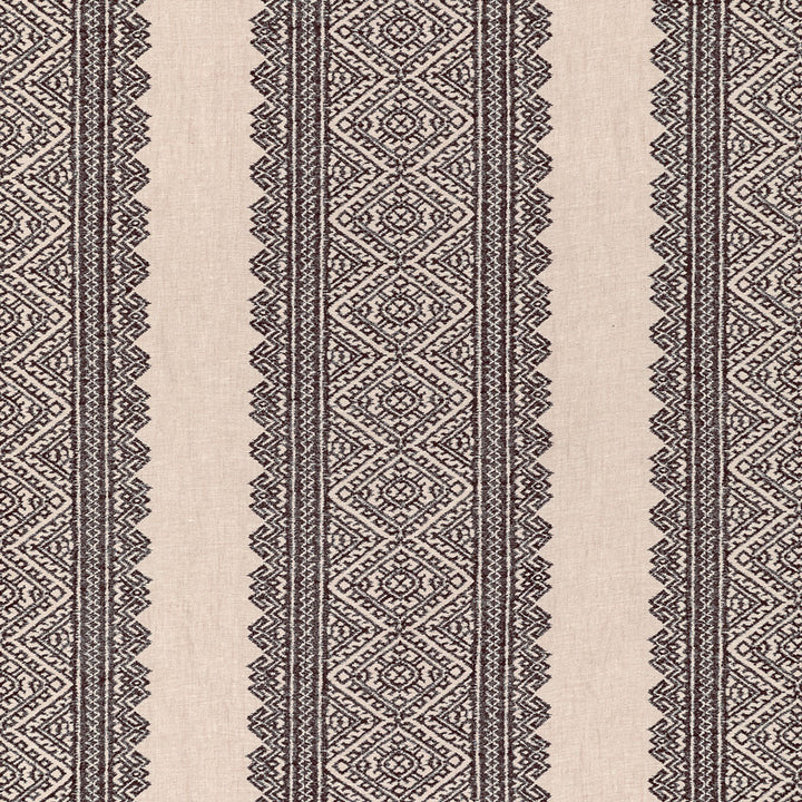Intricate symmetrical textile design with geometric motifs and border stripes.