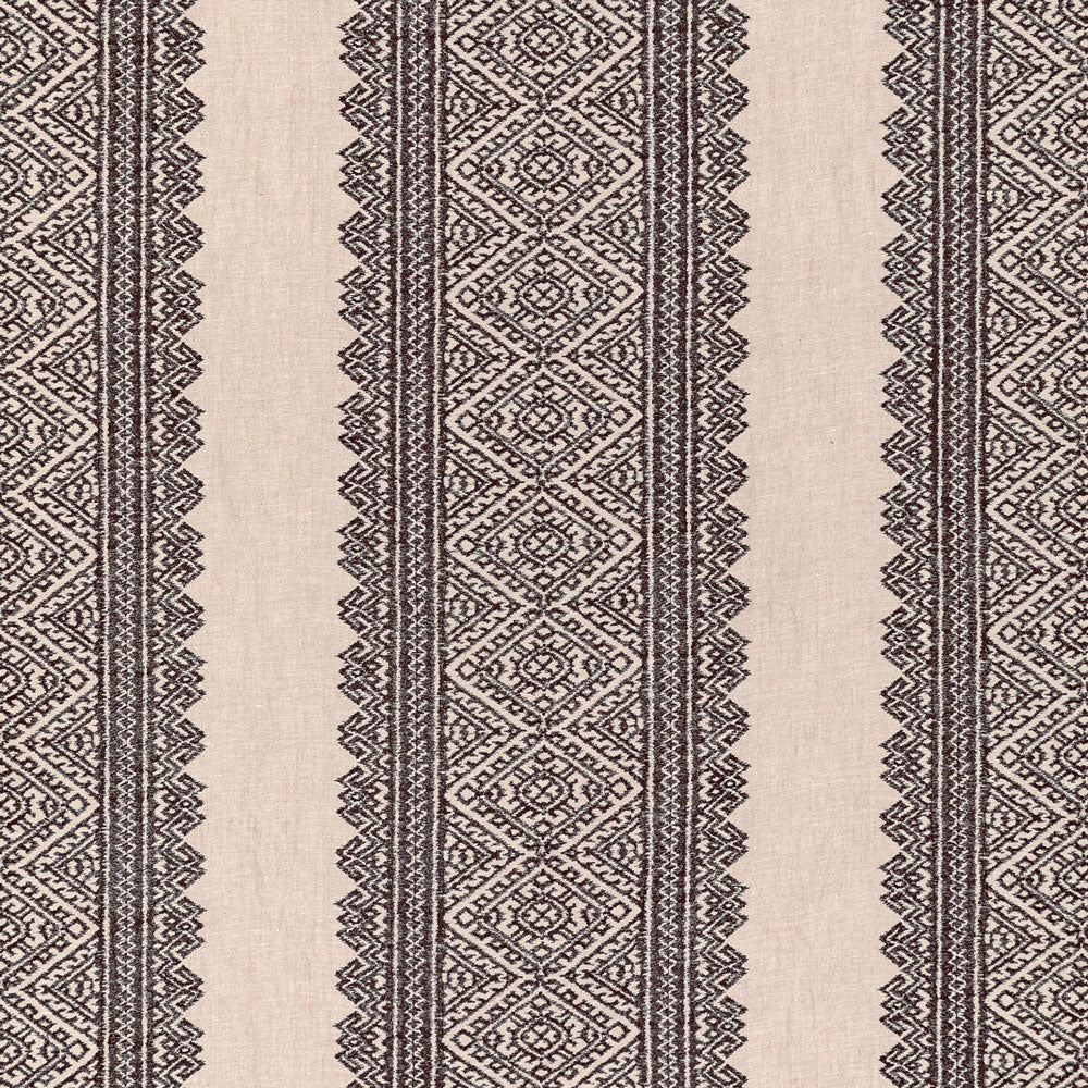 Intricate symmetrical textile design with geometric motifs and border stripes.