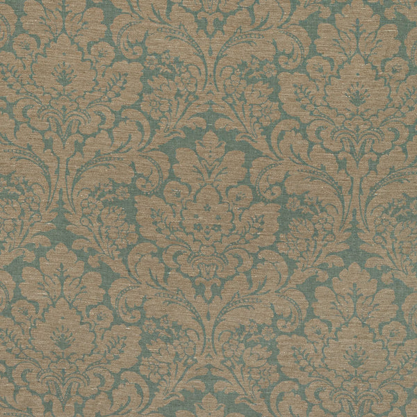 Symmetrical teal and gold brocade fabric with intricate floral design