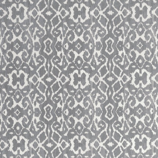Symmetrical geometric textile pattern in grayscale with abstract motifs.