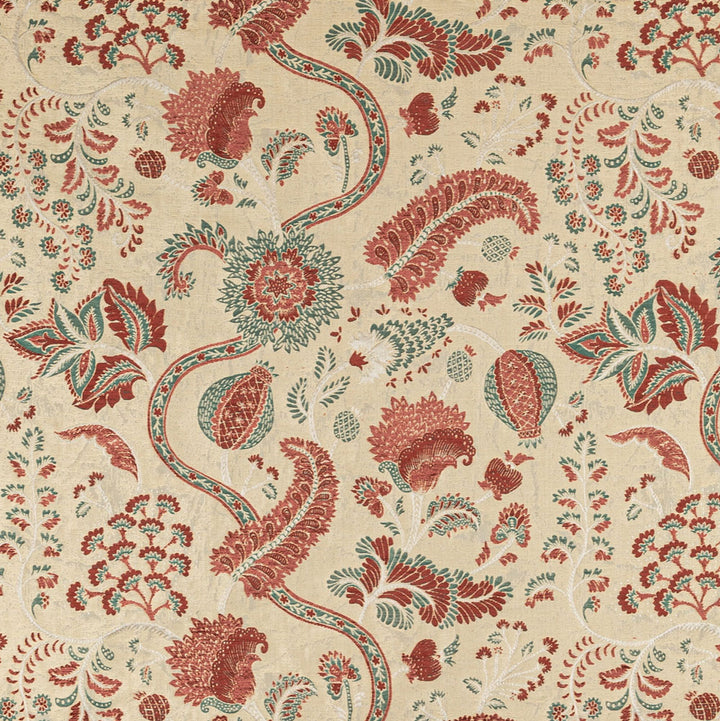 Patterned fabric with intricate paisley and floral motifs in red.