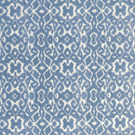 Symmetrical repeating pattern on blue textile with geometric shapes.